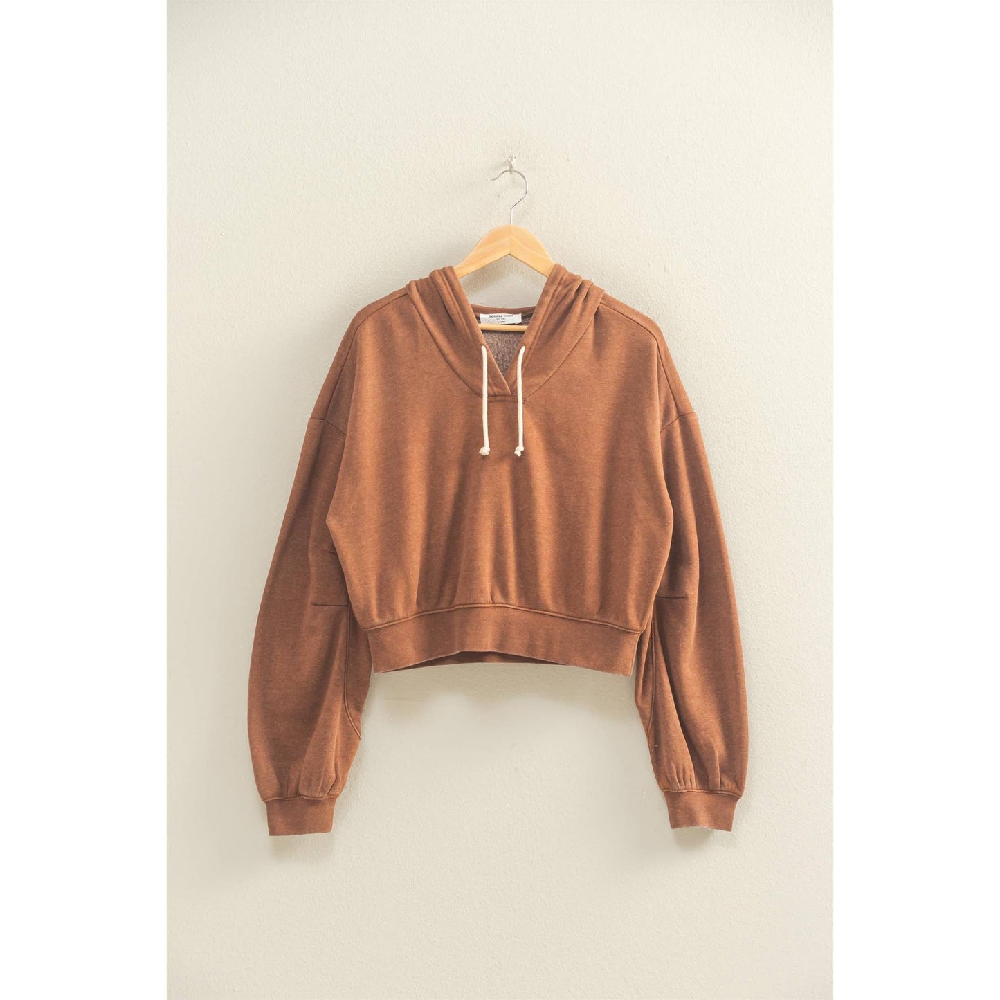 V-Neck Drawstring Detail Long Sleeve Crop Hoodie