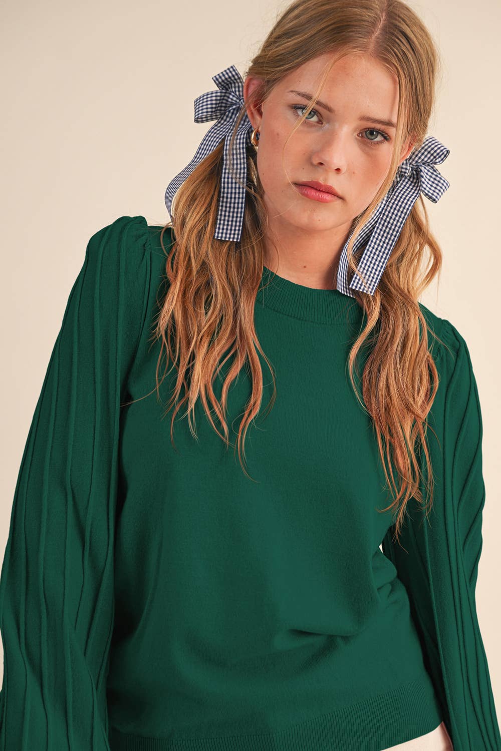 STRIPE TEXTURE PUFF SLEEVE SWEATER