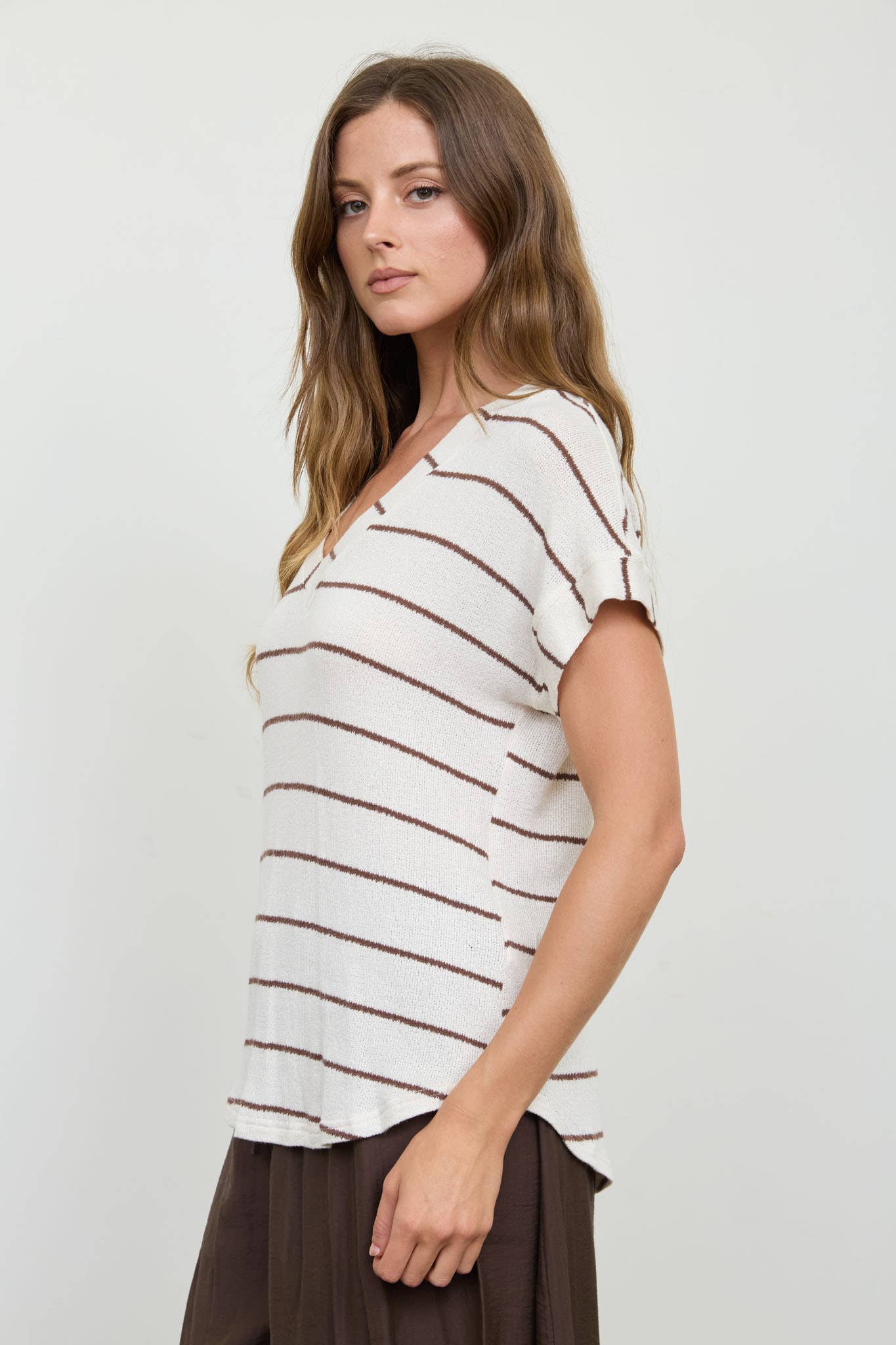 STRIPE V NECK CUFFED SLEEVE KNIT TOP