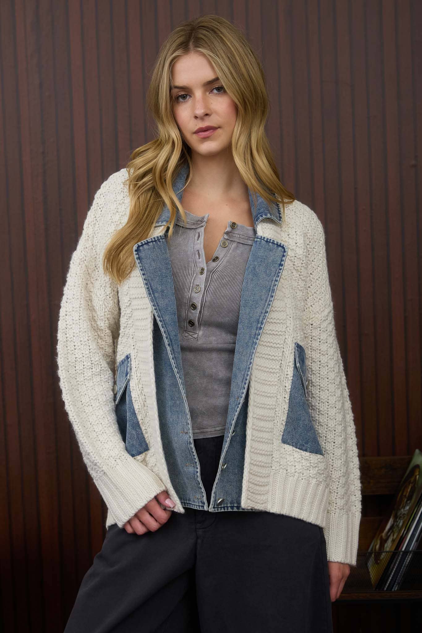 MIXED MEDIA CABLE KNIT DENIM TRIM JACKET