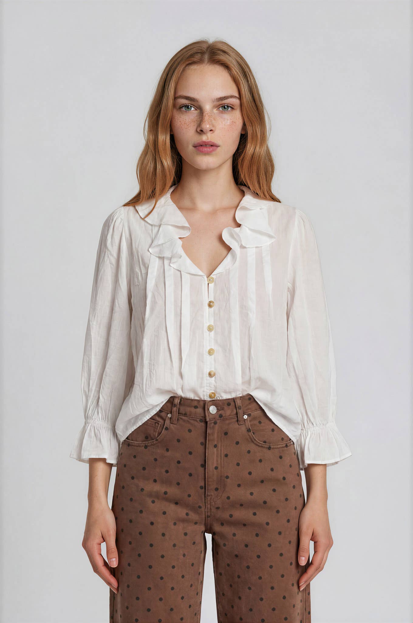 RUFFLED V NECK BUTTON DOWN 3/4 SLEEVE BLOUSE