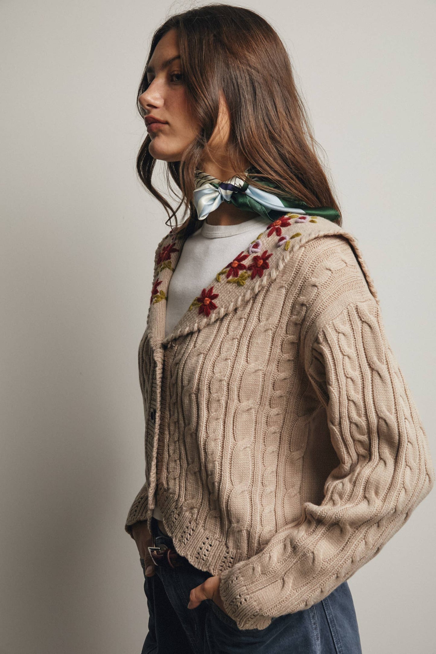 Cable Knit Embroidered Collar Cardigan