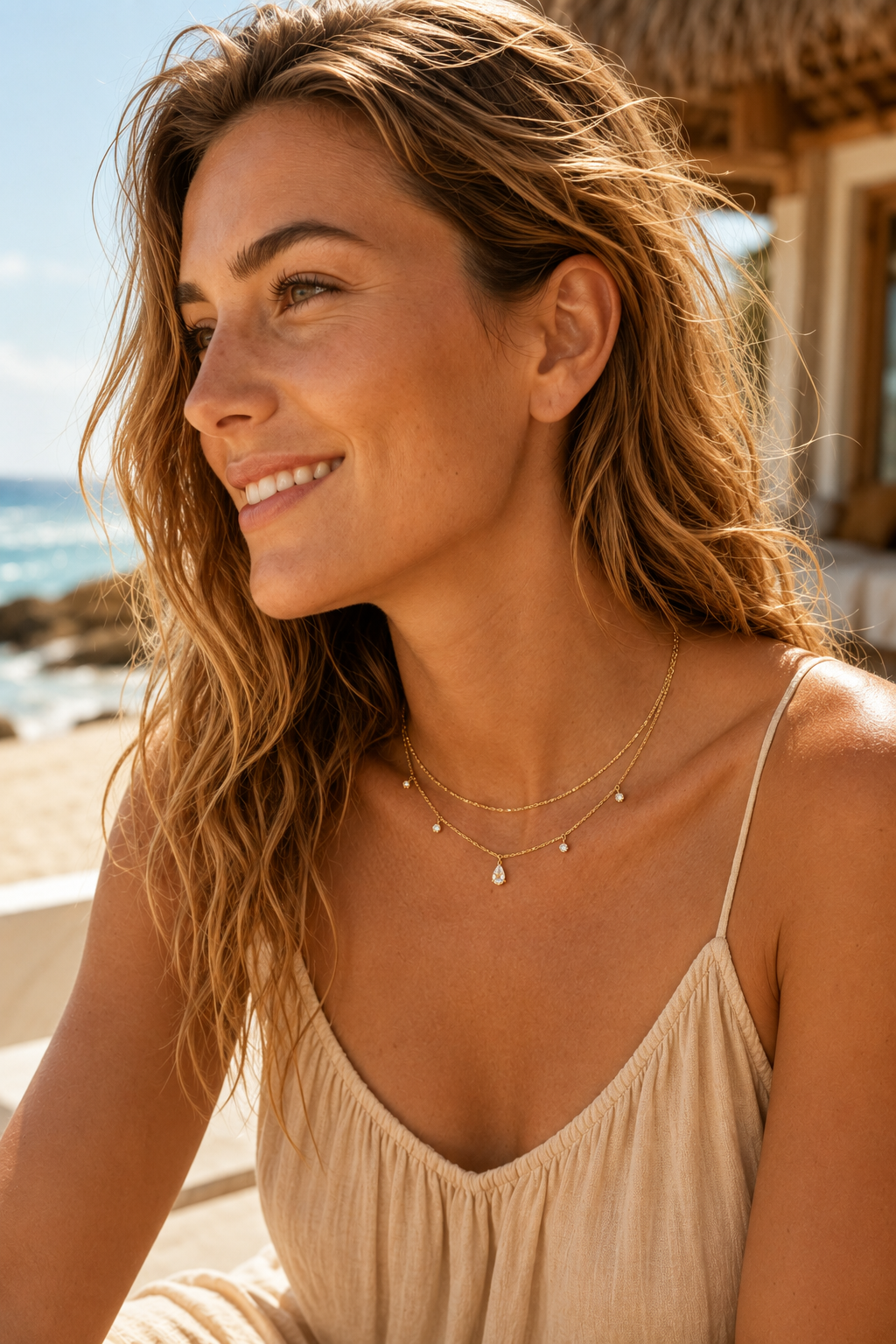 Dainty Gold Layered Necklace – Cubic Zirconia Drop Pendant