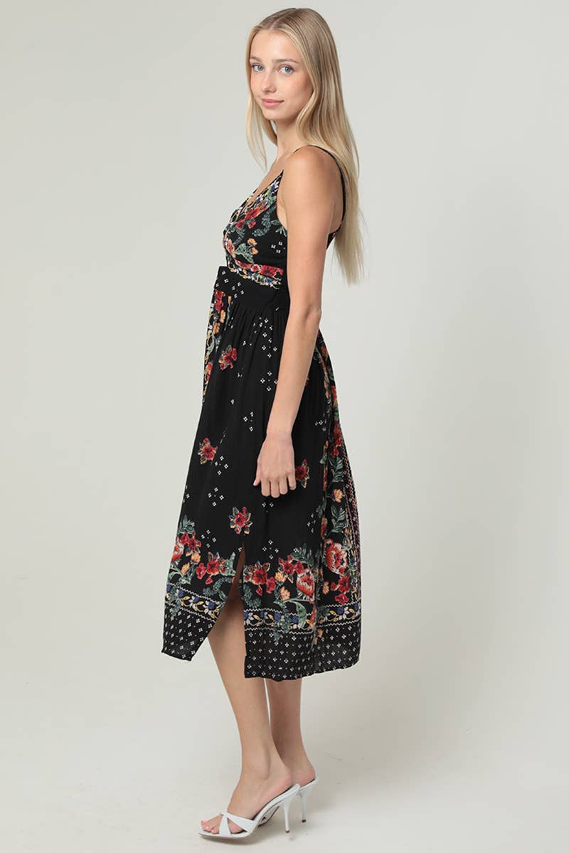 V NECK TWIST FRONT MID LENGTH DRESS