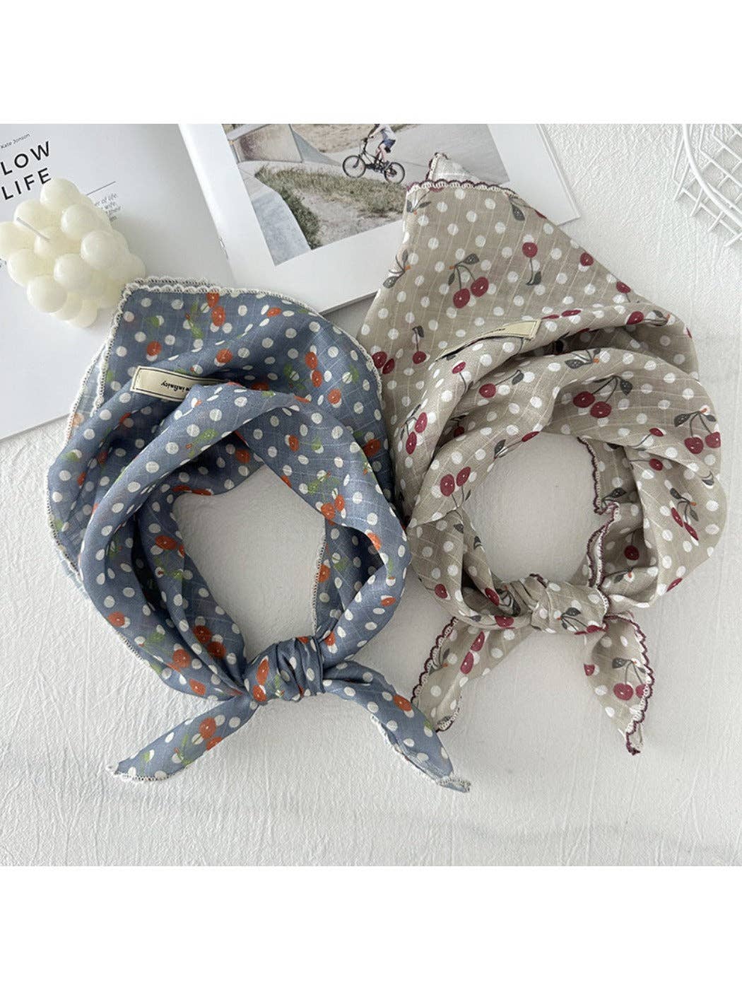 Vintage Polka Dot Neck Scarf with Cherry Patterns
