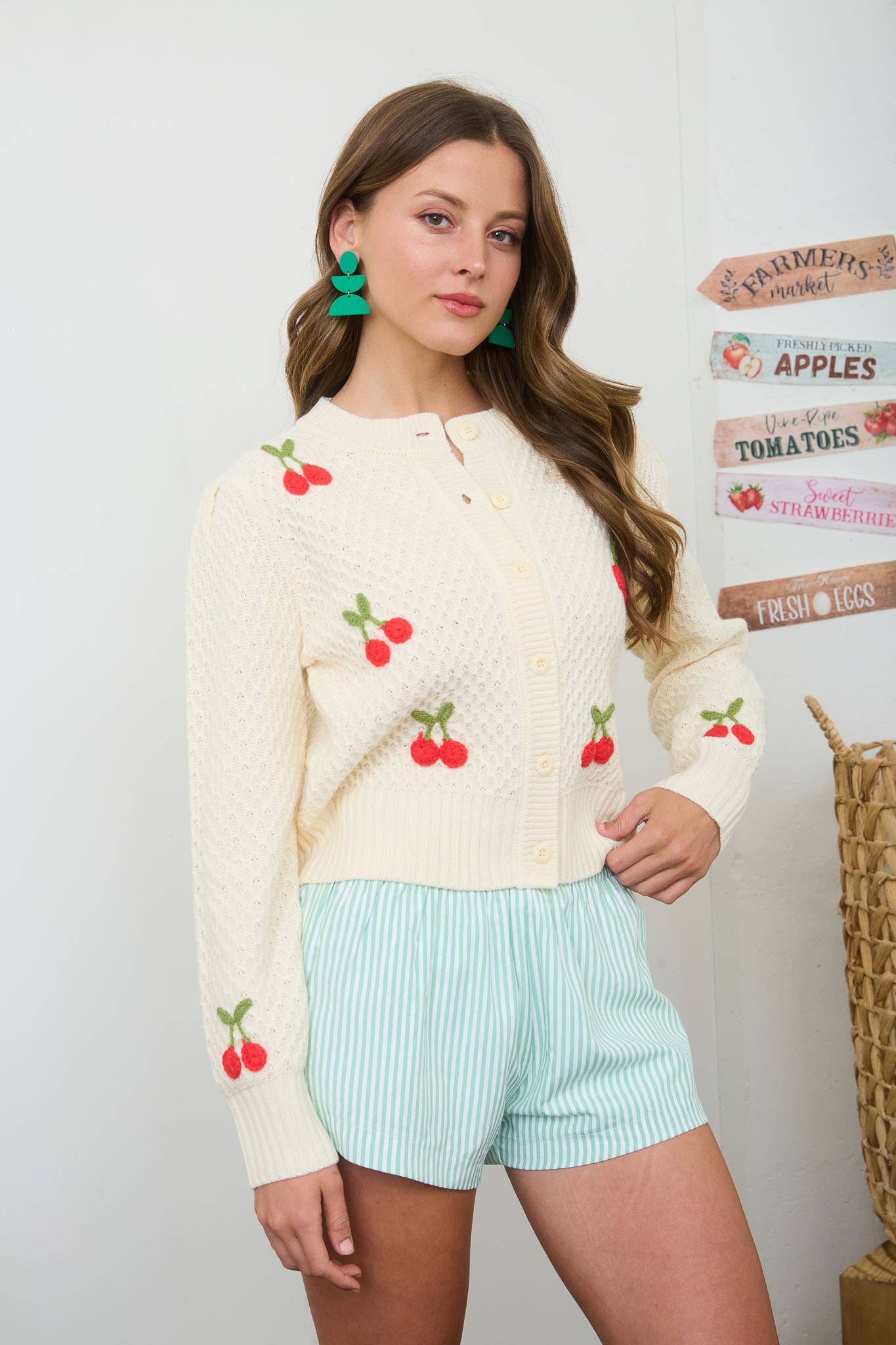 CROCHET CHERRY DETAIL BUTTON DOWN KNIT CARDIGAN