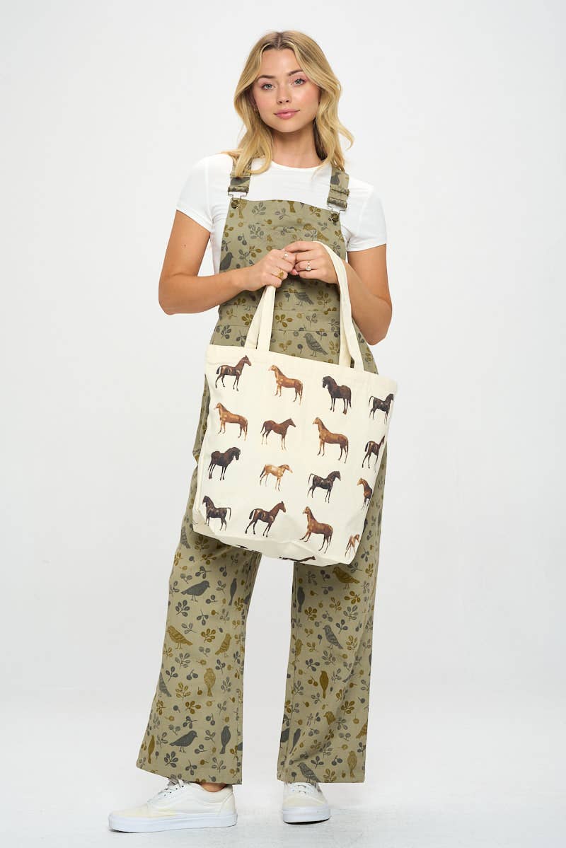HORSE PRINT TOTE BAG WITH POCKETS