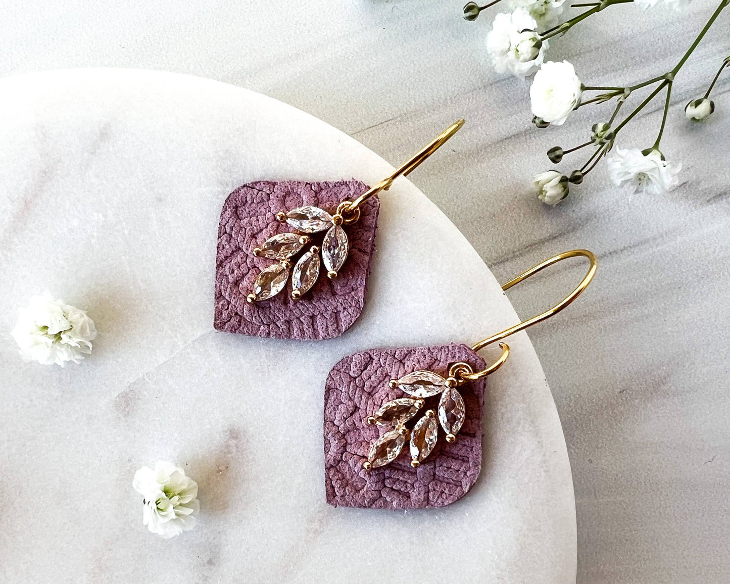 Light Purple Leather and Cubic Zirconia Leaf Earrings