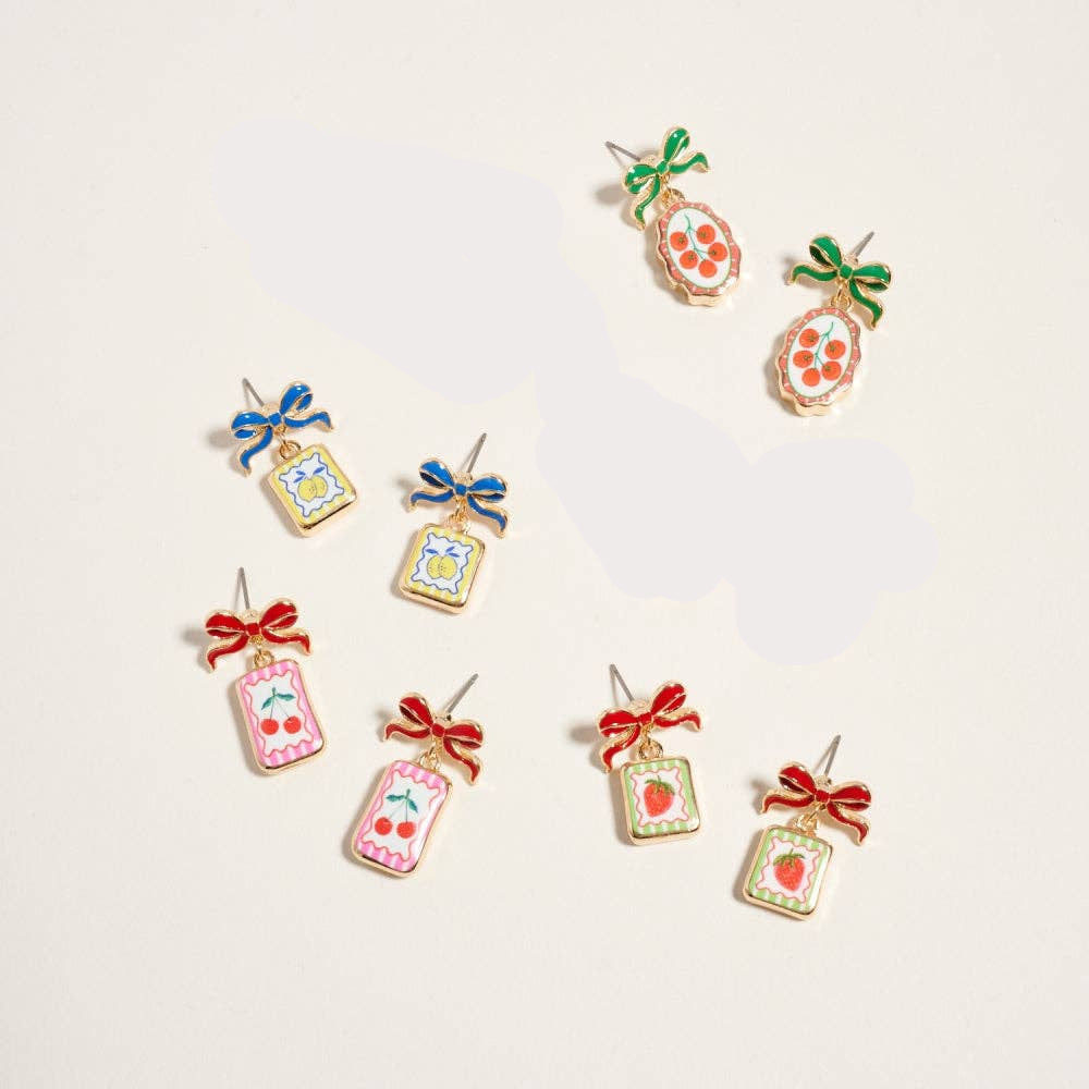 Vintage Print Tile Enamel Bow Earrings