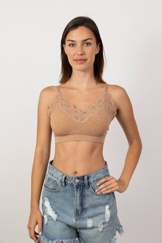 Ultra Soft Lace Trim Ribbed Padded Seamless Bralette