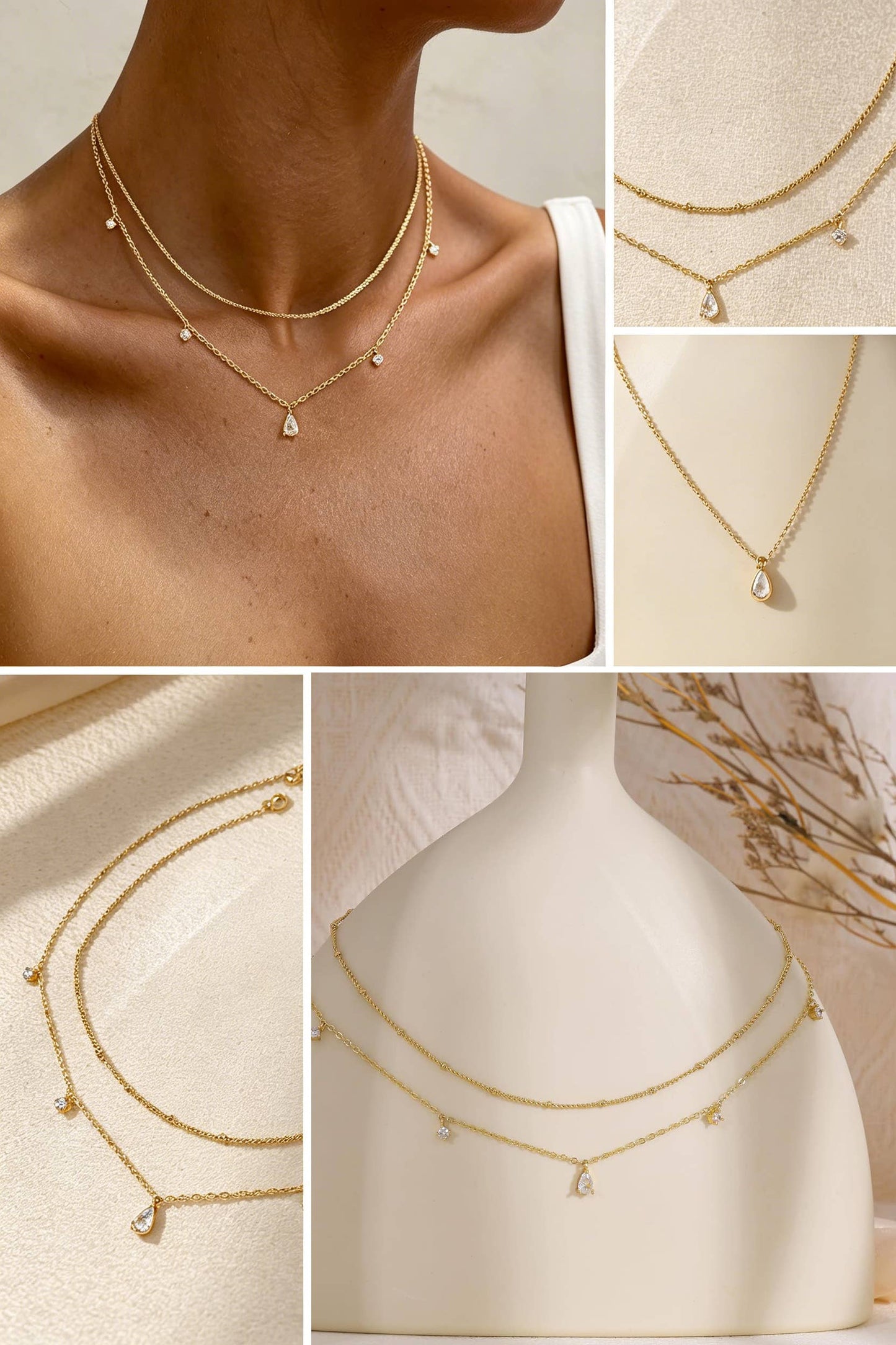 Dainty Gold Layered Necklace – Cubic Zirconia Drop Pendant