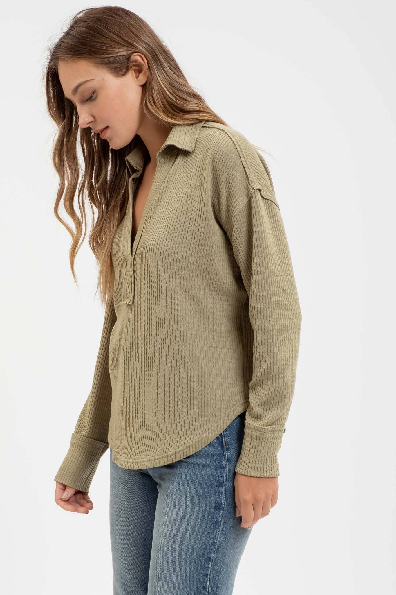 Split Neck Exposed Seam Collared Top