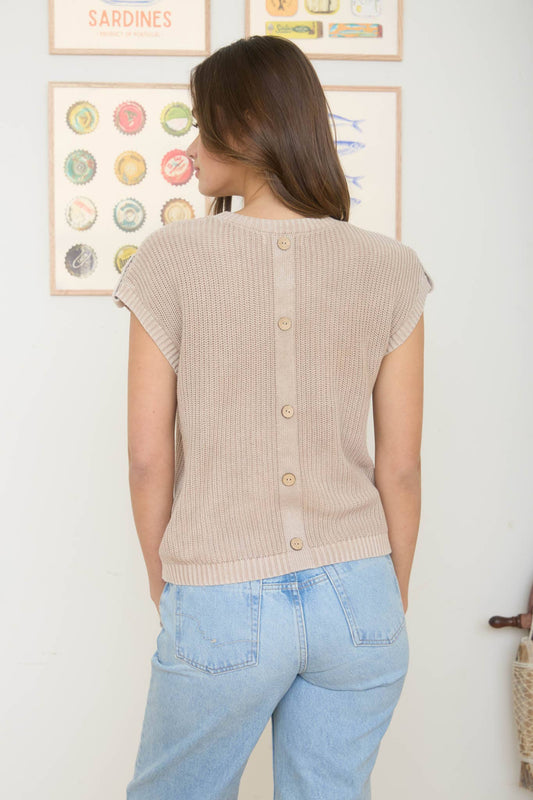 ACID WASHED TAB SLEEVE BACK BUTTON KNIT TOP