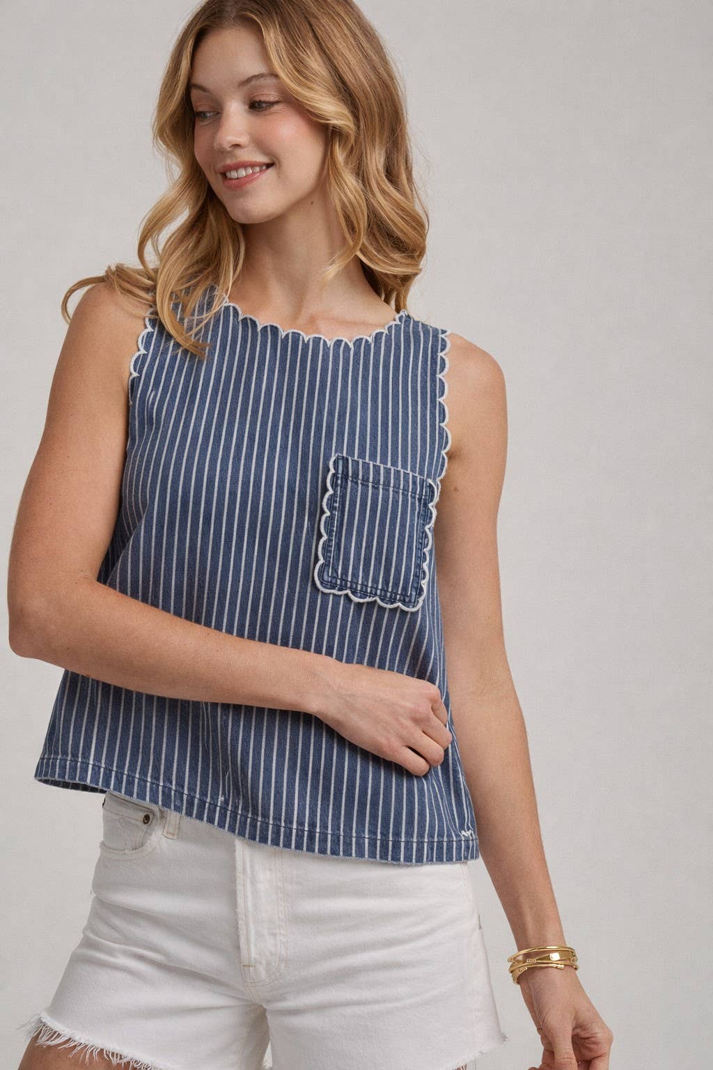 WASHED STRIPE DENIM SLEEVELESS TOP WITH SCALLOPED EDGE