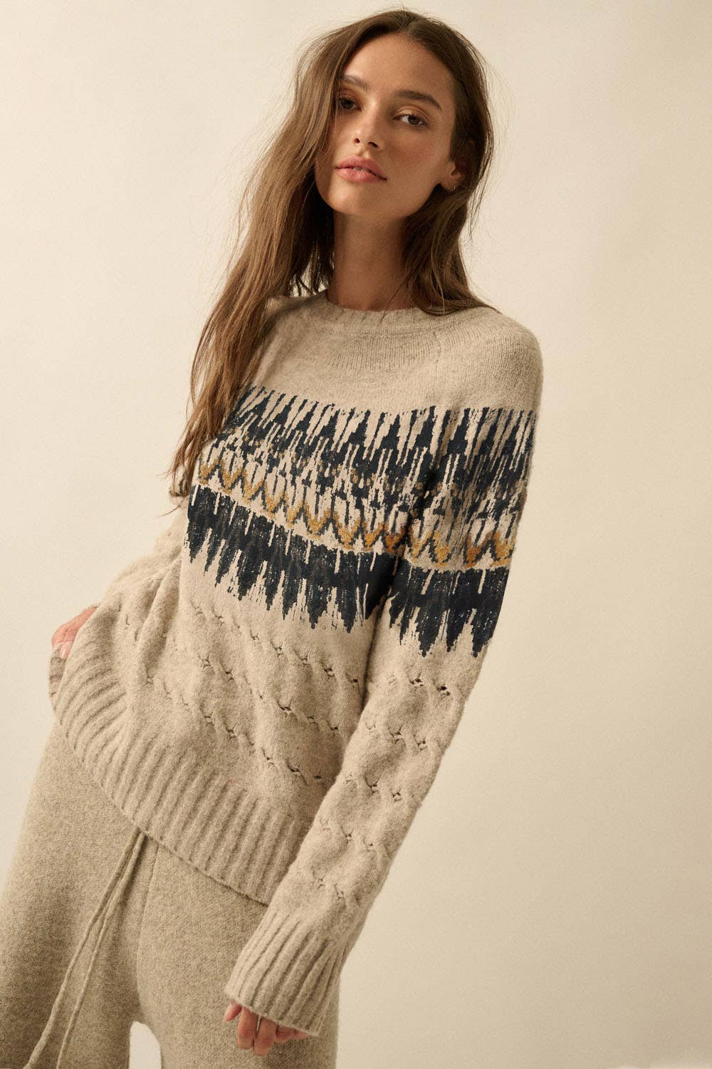 Cable Knit Fair Isle Raglan Sleeve Sweater