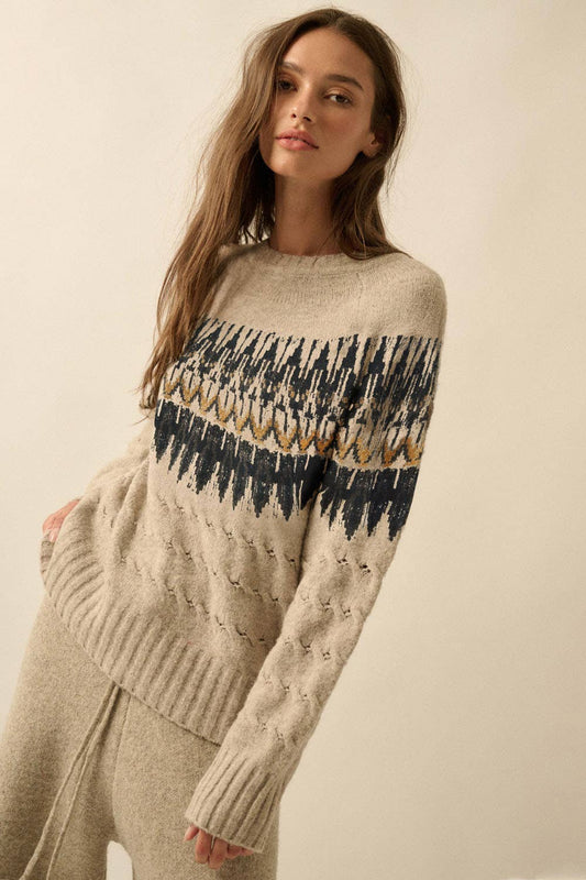Cable Knit Fair Isle Raglan Sleeve Sweater