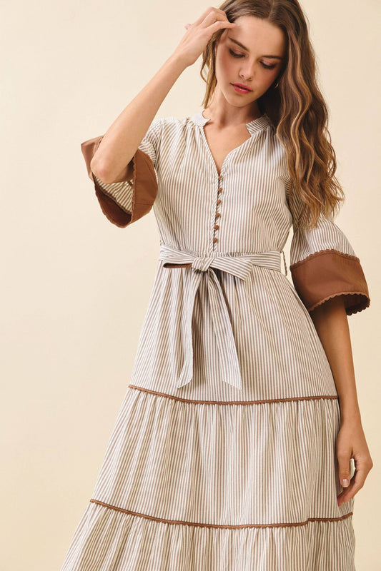 Striped Split Neck Contrast Trim Detail Midi Dress