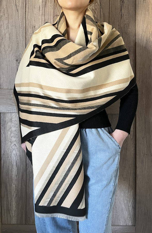 Elegant Geometric Striped Cashmere Large Wrap Scarf