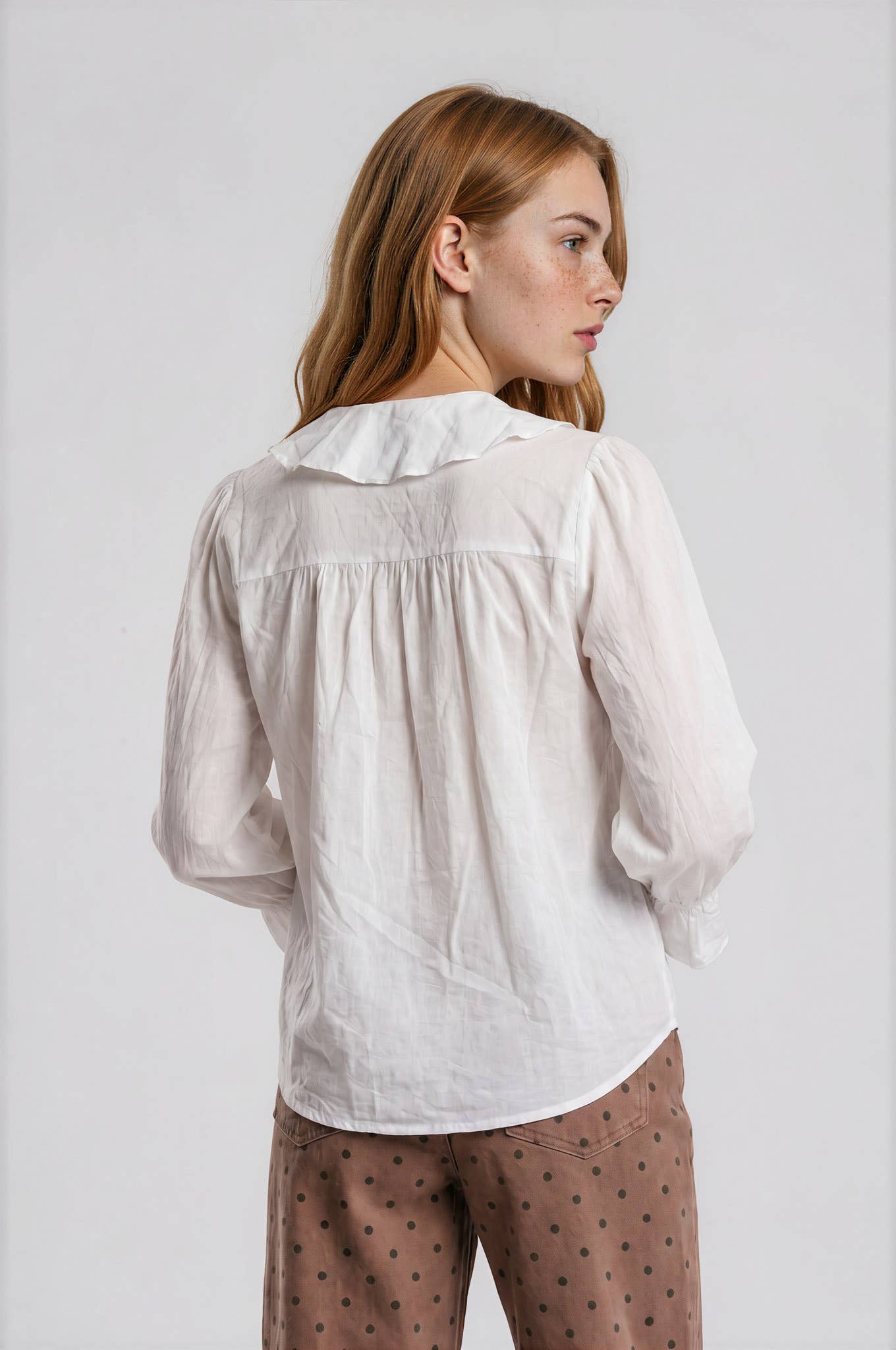 RUFFLED V NECK BUTTON DOWN 3/4 SLEEVE BLOUSE