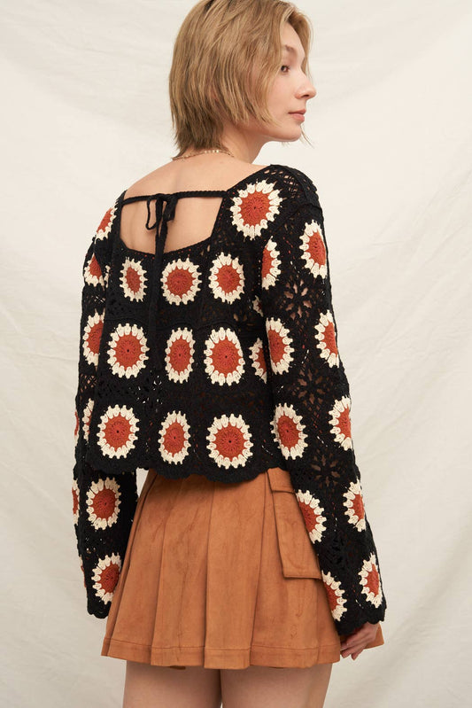 Long Sleeve Sunflower Crochet Square Neck Top