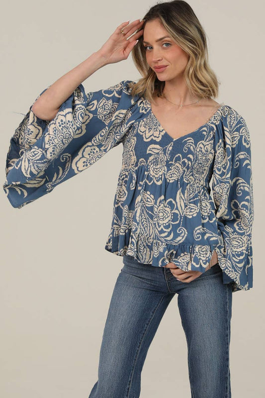 SMOCKED BUST WIDE FLARE BELL SLEEVE PRINTED TOP