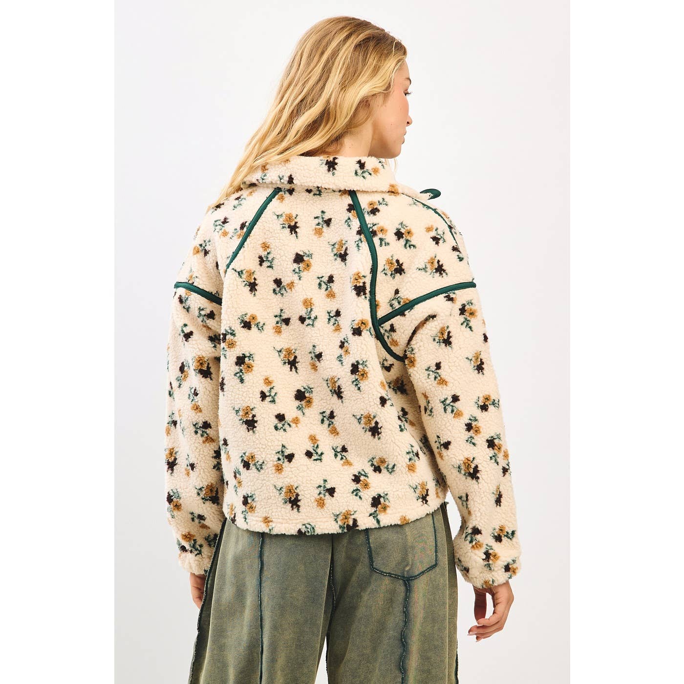 FLOWER PRINT HALF ZIP CONTRAST FLEECE SWEATSHIRT