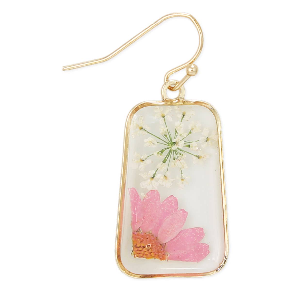 Pink Petals Dried Flower Gold Oblong Earrings