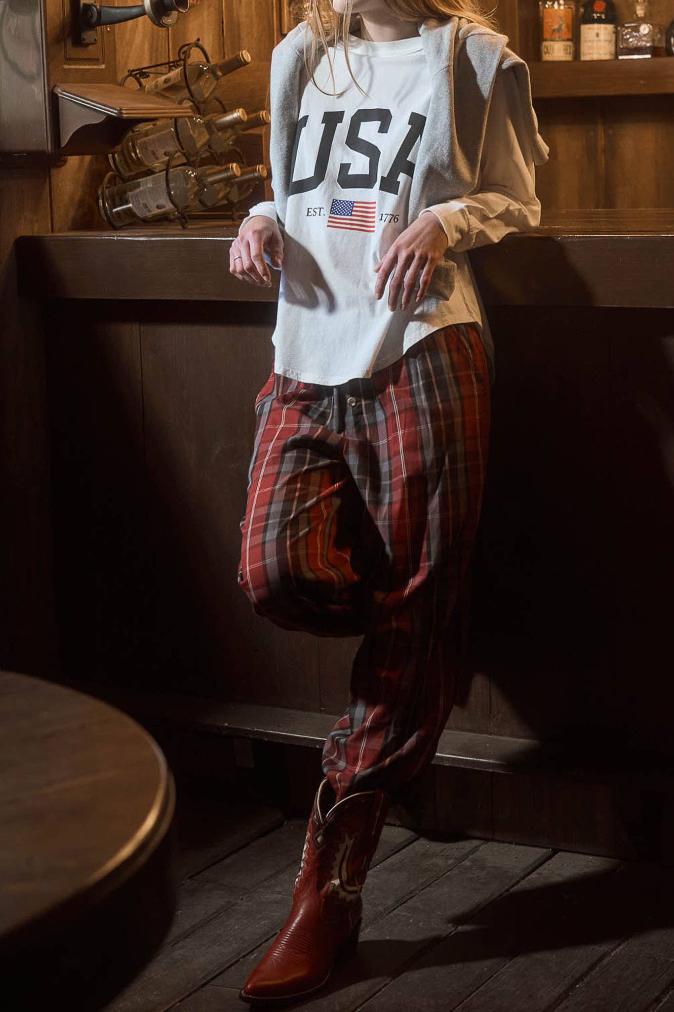 PLAID ELASTIC WAIST LOUNGE PANTS