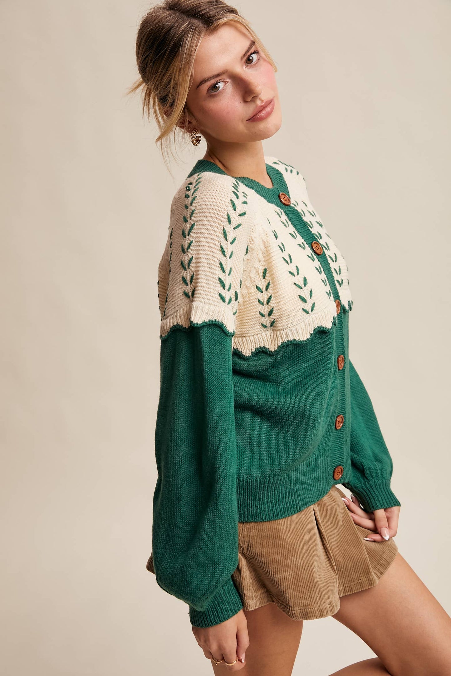 Leaf Pointelle Ruffle Knit Cardigan