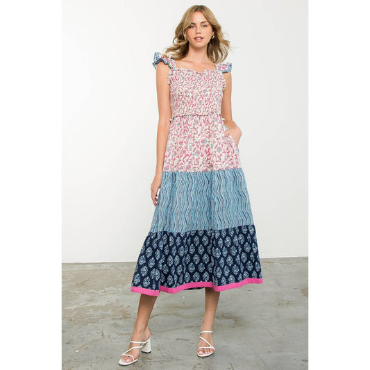 Smocked Detail Flower Print Dress