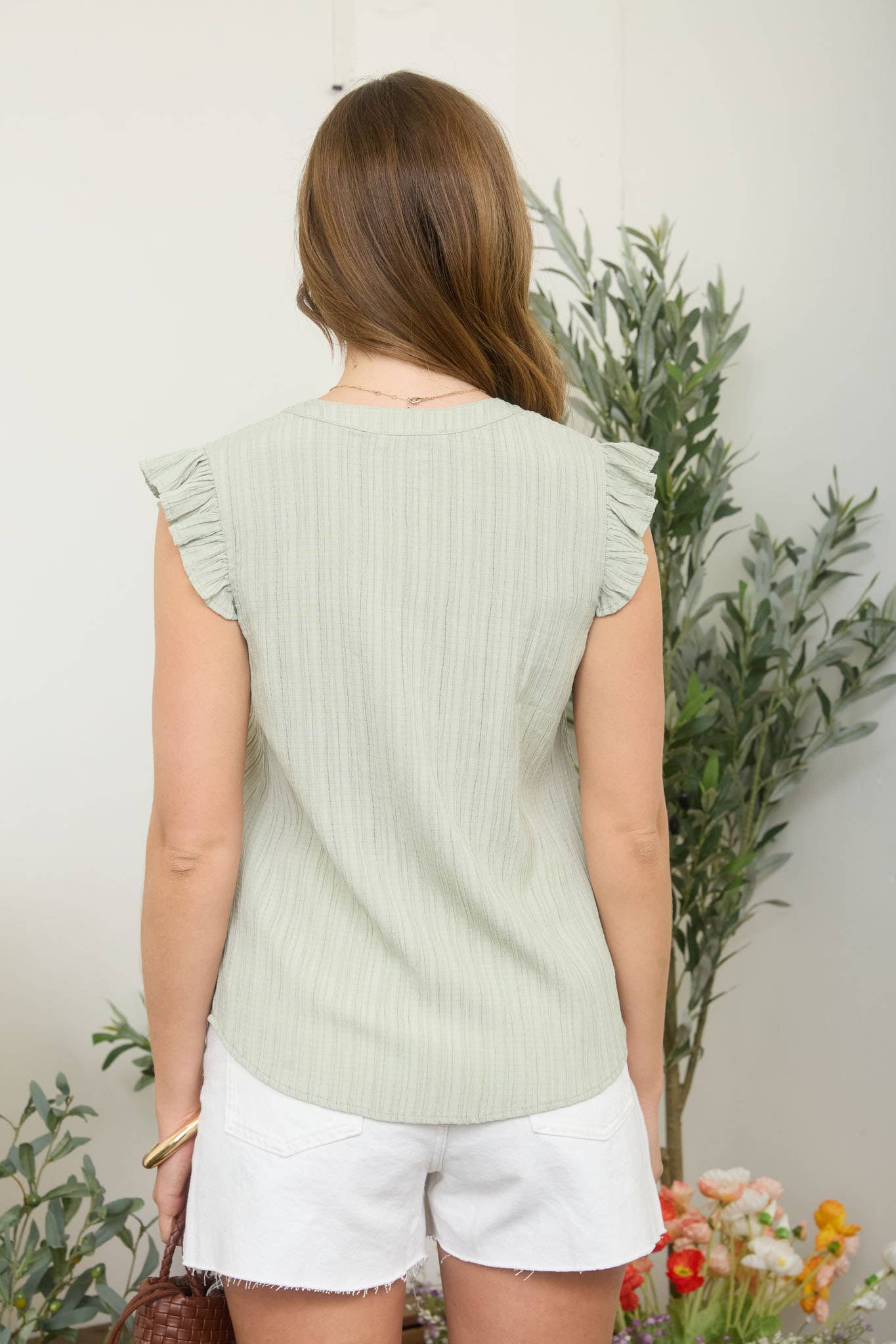 EMBROIDERED FRONT SPLIT NECK PLISSE TOP