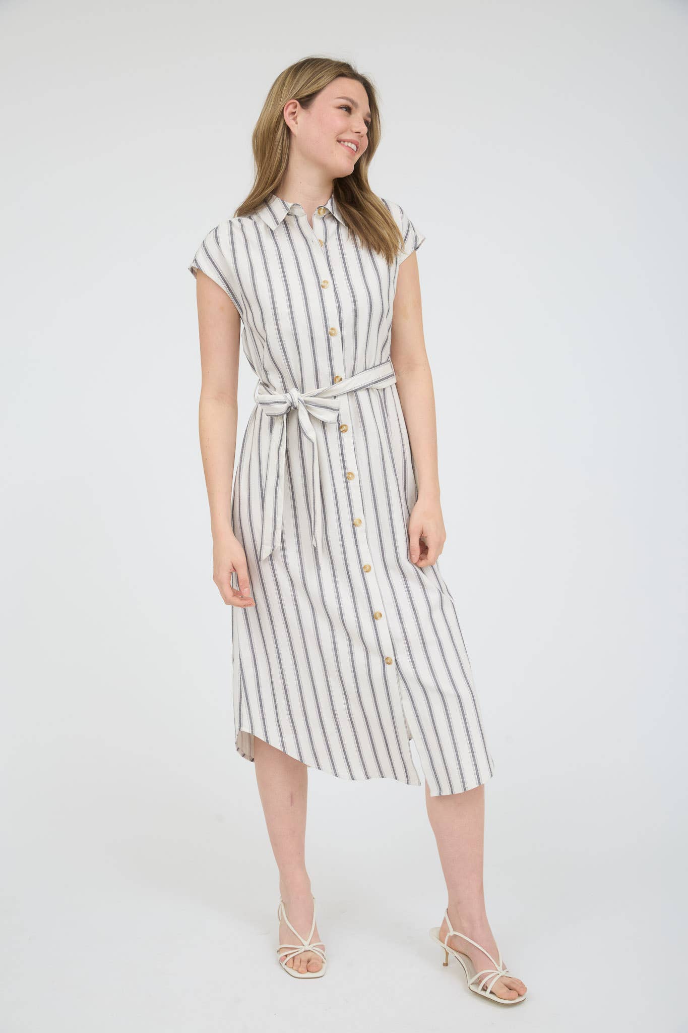 STRIPE COLLARED BUTTON DOWN BELT TIE SHIRT DRESS