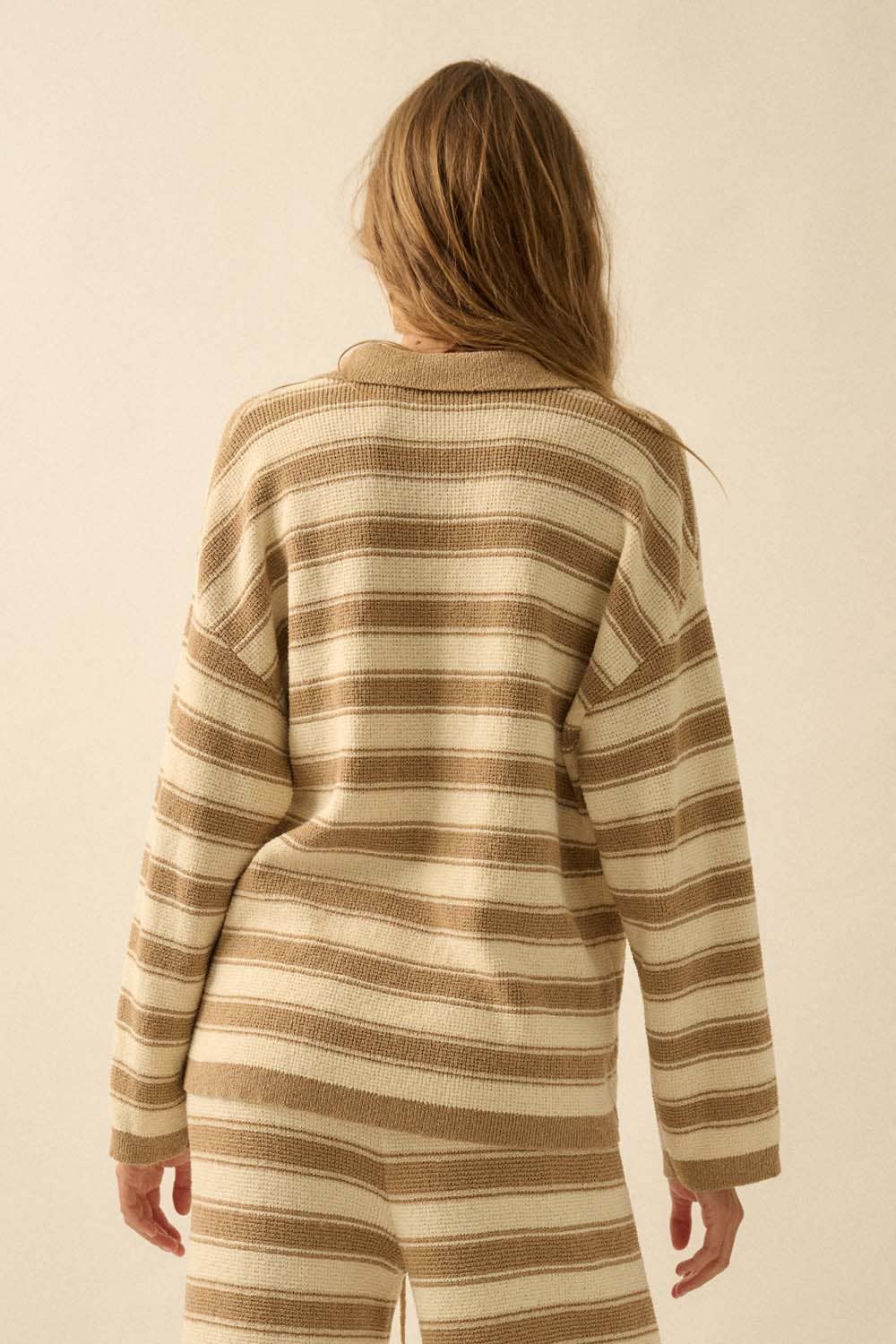 Striped Knit Split-Neck Collared Polo Sweater