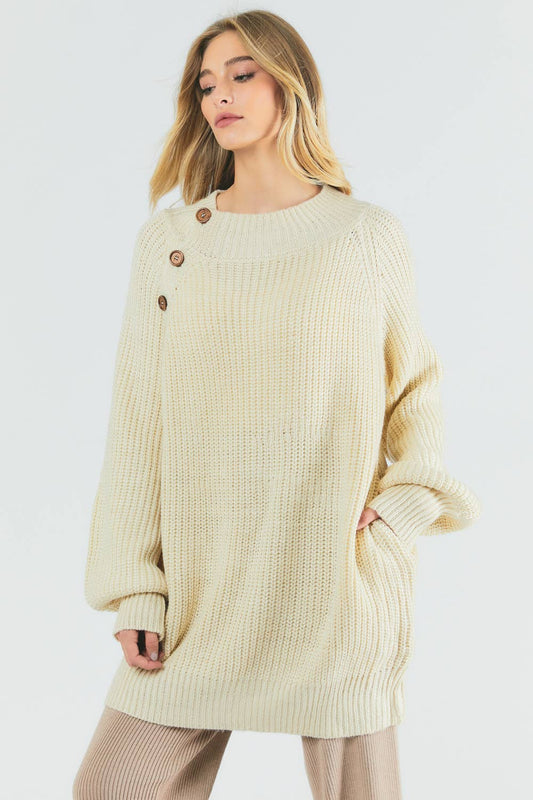 Button Detail Tunic Sweater w/Pockets