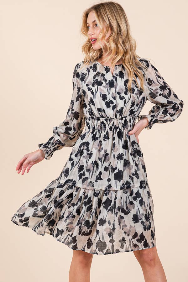 Floral Print Long Sleeve Cinched Waist Tiered Dress