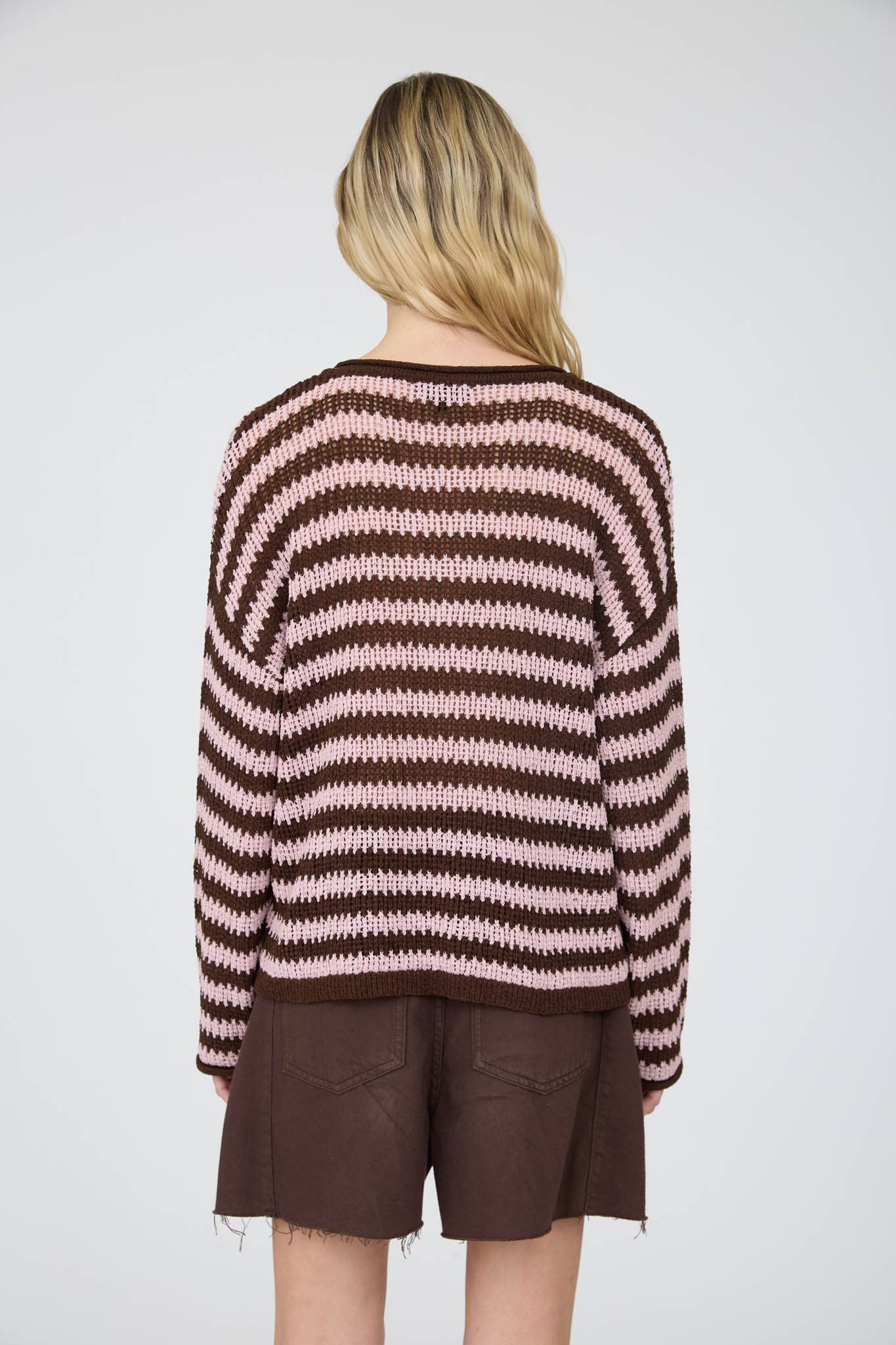 STRIPE RAW EDGE SPLIT NECK SHEER KNIT SWEATER