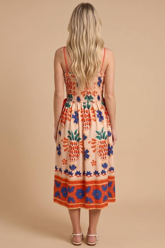 Tropicana Smocked Midi Spaghetti Strap Dress