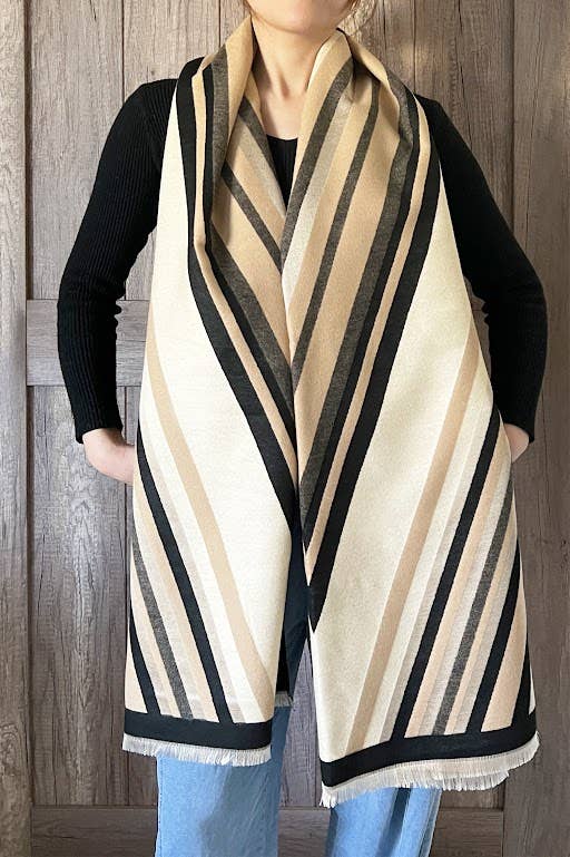 Elegant Geometric Striped Cashmere Large Wrap Scarf