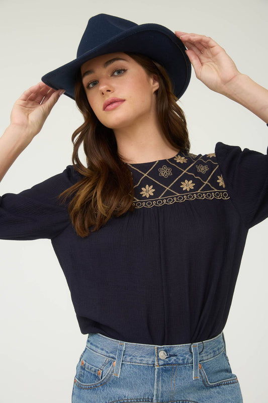 FLORAL EMBROIDERED YOKE 3/4 SLEEVE BLOUSE