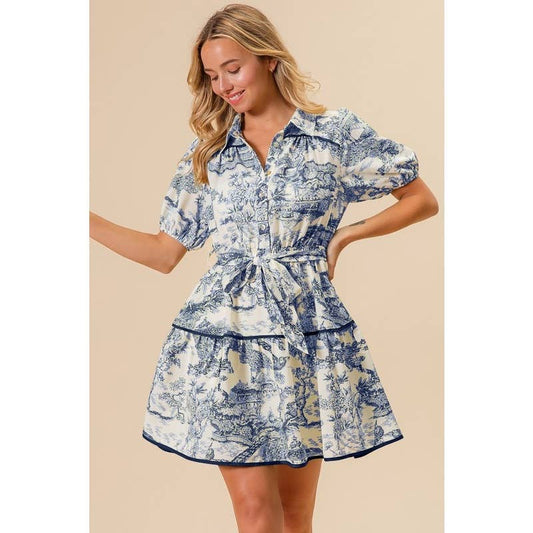 Toile Print Tiered Mini Dress