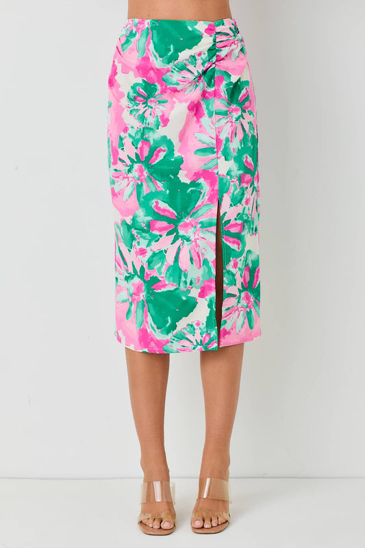 FLORAL PRINT TWIST MIDI SKIRT