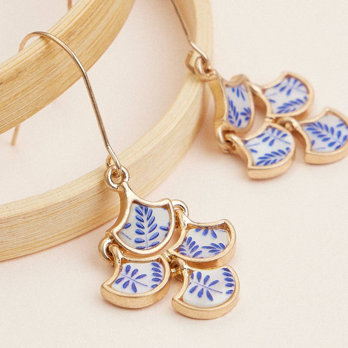 Boho-Chic Gold and Blue Mother of Pearl Floral Earrings