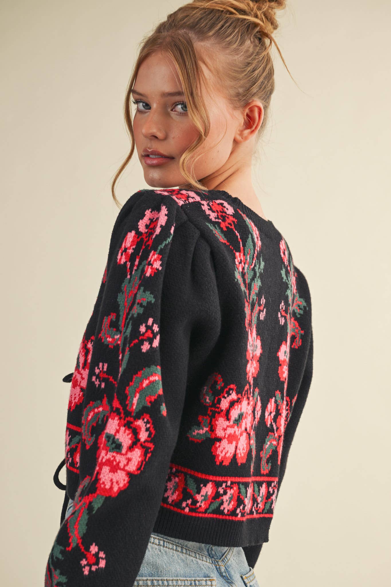 FLORAL KNIT TIE-FRONT CROPPED SWEATER CARDIGAN