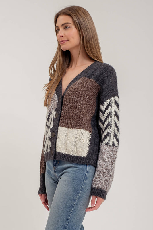 Patchwork Cable Knit Cardigan