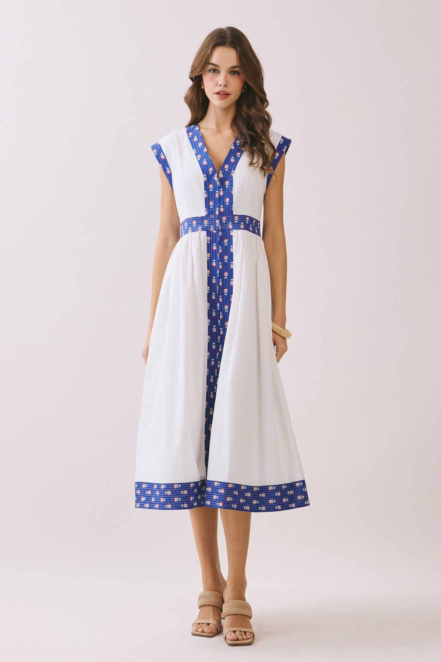 Contrast Quilted Printed Trim Detail V Neck Midi Dress