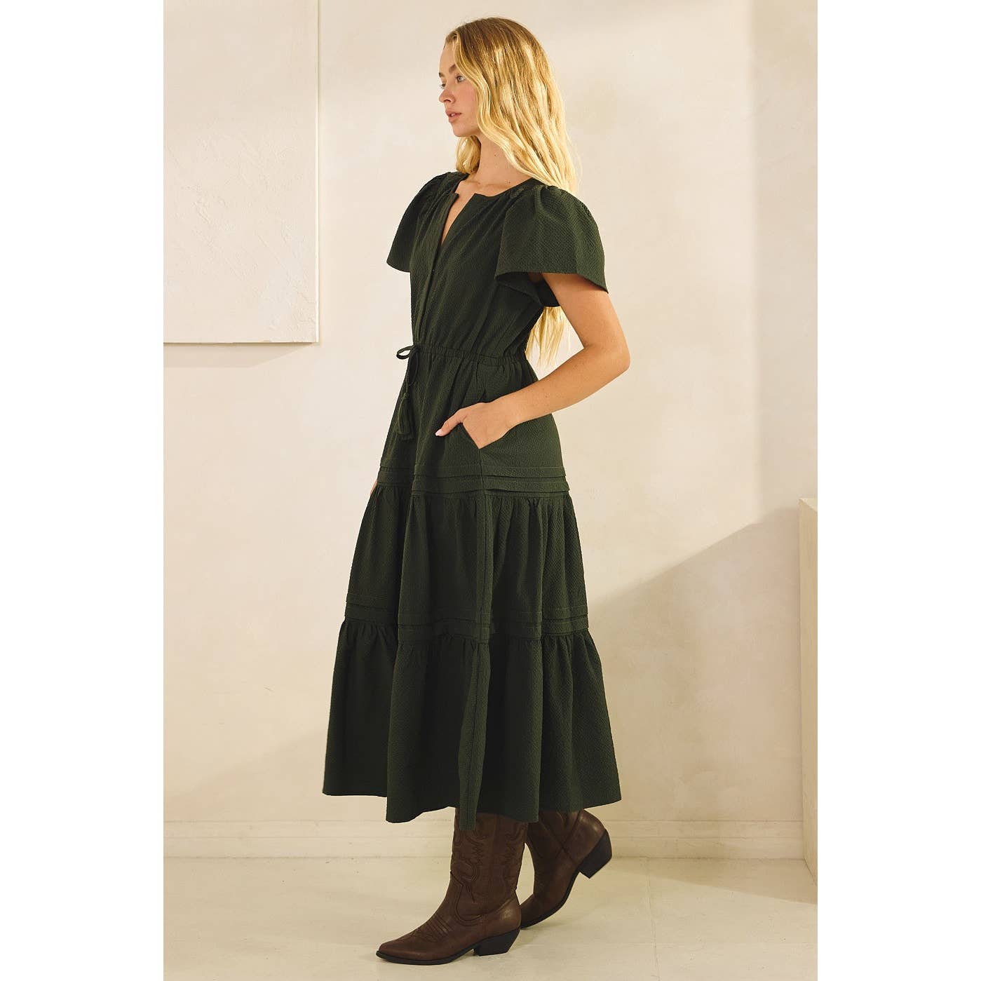 TEXTURED PINTUCK BELL SLEEVE TASSEL TIE MIDI DRESS