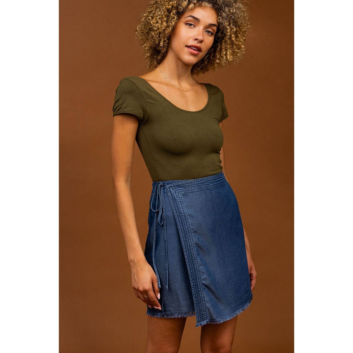Asymmetrical Wrap Tencel Skirt With Fray Hem Topstitch Detai
