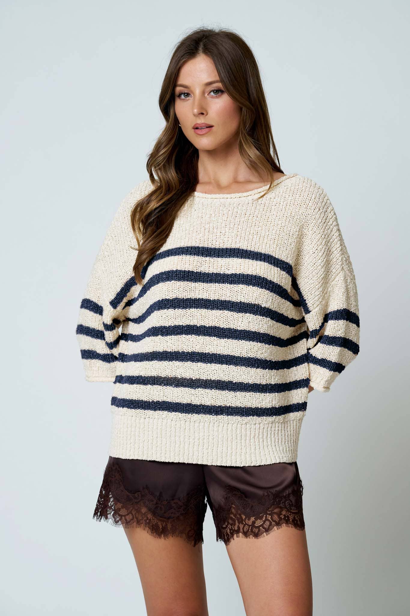 STRIPE TEXTURED KNIT HALF SLEEVE KNIT SWEATER (PRE-ORDER)