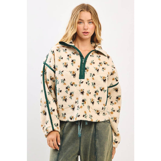 FLOWER PRINT HALF ZIP CONTRAST FLEECE SWEATSHIRT