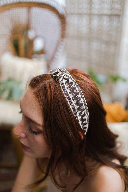 Burgundy Embroidered Stitch Boho Knotted Headband